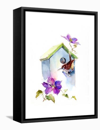 Wren with Birdhouse and Clematis, 2016-John Keeling-Framed Premier Image Canvas