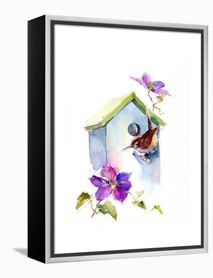 Wren with Birdhouse and Clematis, 2016-John Keeling-Framed Premier Image Canvas