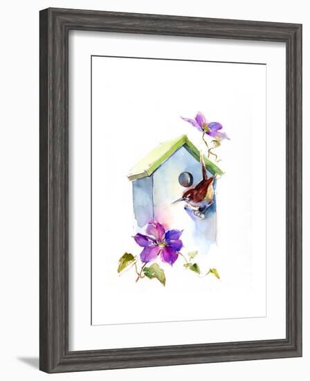 Wren with Birdhouse and Clematis, 2016-John Keeling-Framed Giclee Print