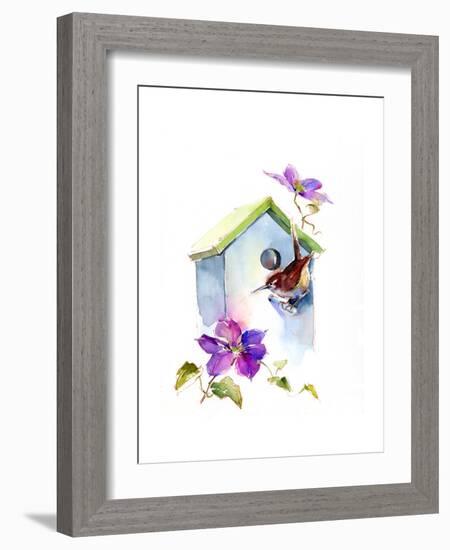 Wren with Birdhouse and Clematis, 2016-John Keeling-Framed Giclee Print