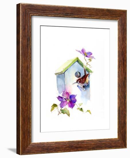 Wren with Birdhouse and Clematis, 2016-John Keeling-Framed Giclee Print