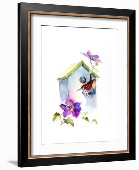 Wren with Birdhouse and Clematis, 2016-John Keeling-Framed Giclee Print