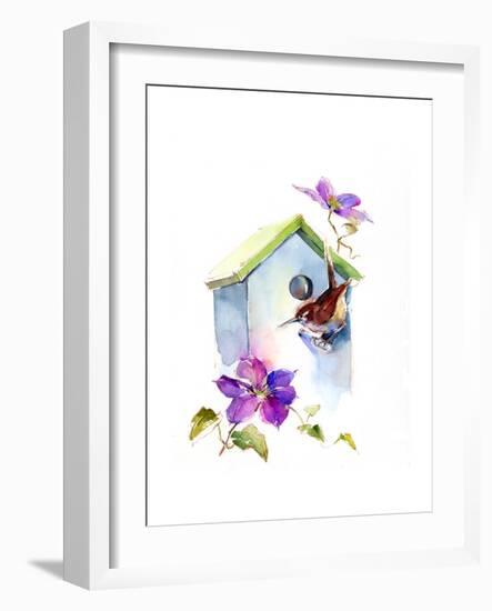 Wren with Birdhouse and Clematis, 2016-John Keeling-Framed Giclee Print