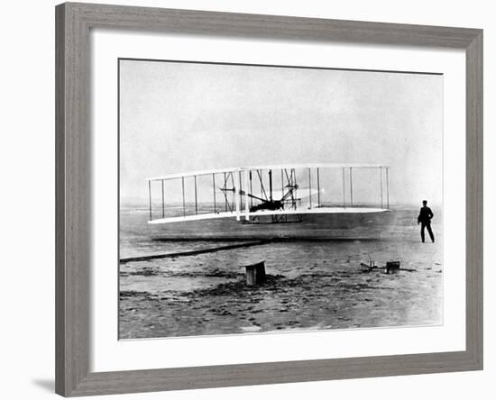 Wright Brothers Wilbur and Orville with 1903 Airplane "Kitty Hawk" on First Flight-null-Framed Premium Photographic Print