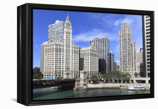 Wrigley Building and Tribune Tower, across Chicago River to N Michigan Ave, Chicago, Illinois, USA-Amanda Hall-Framed Premier Image Canvas