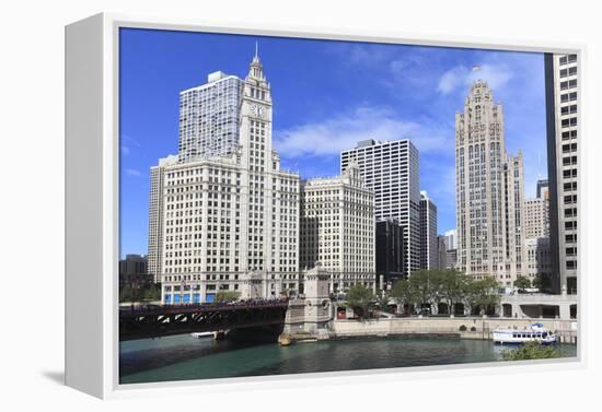 Wrigley Building and Tribune Tower, across Chicago River to N Michigan Ave, Chicago, Illinois, USA-Amanda Hall-Framed Premier Image Canvas