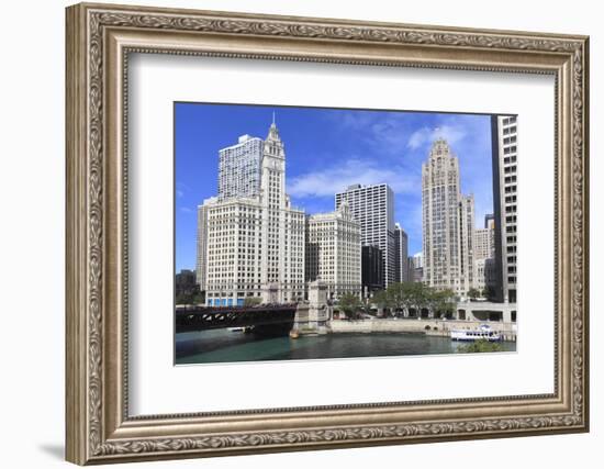 Wrigley Building and Tribune Tower, across Chicago River to N Michigan Ave, Chicago, Illinois, USA-Amanda Hall-Framed Photographic Print