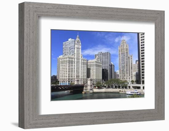 Wrigley Building and Tribune Tower, across Chicago River to N Michigan Ave, Chicago, Illinois, USA-Amanda Hall-Framed Photographic Print