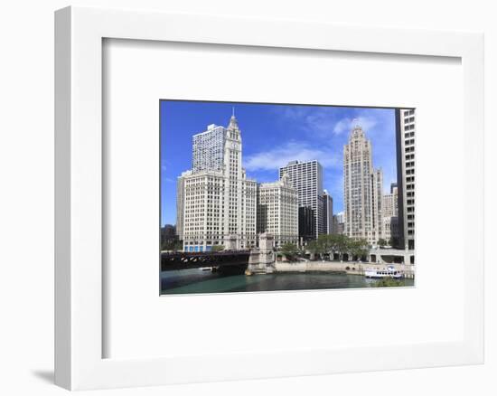 Wrigley Building and Tribune Tower, across Chicago River to N Michigan Ave, Chicago, Illinois, USA-Amanda Hall-Framed Photographic Print