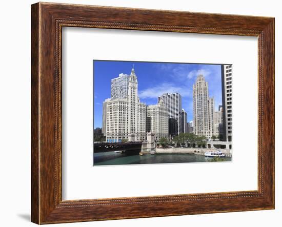 Wrigley Building and Tribune Tower, across Chicago River to N Michigan Ave, Chicago, Illinois, USA-Amanda Hall-Framed Photographic Print