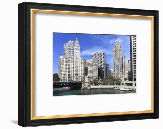 Wrigley Building and Tribune Tower, across Chicago River to N Michigan Ave, Chicago, Illinois, USA-Amanda Hall-Framed Photographic Print