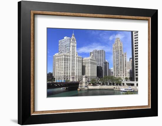 Wrigley Building and Tribune Tower, across Chicago River to N Michigan Ave, Chicago, Illinois, USA-Amanda Hall-Framed Photographic Print