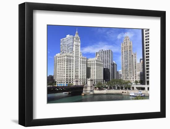 Wrigley Building and Tribune Tower, across Chicago River to N Michigan Ave, Chicago, Illinois, USA-Amanda Hall-Framed Photographic Print