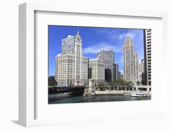 Wrigley Building and Tribune Tower, across Chicago River to N Michigan Ave, Chicago, Illinois, USA-Amanda Hall-Framed Photographic Print