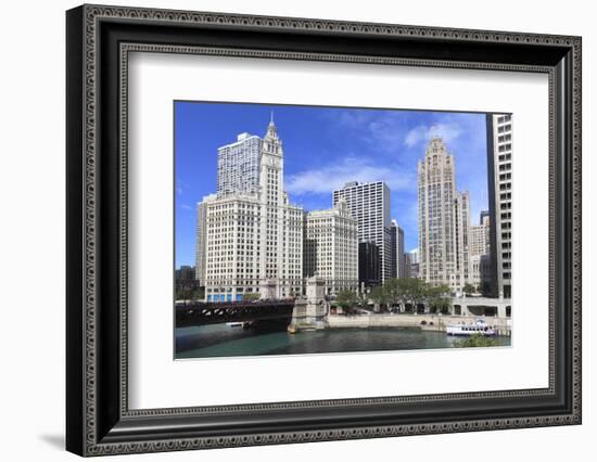 Wrigley Building and Tribune Tower, across Chicago River to N Michigan Ave, Chicago, Illinois, USA-Amanda Hall-Framed Photographic Print