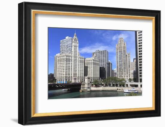 Wrigley Building and Tribune Tower, across Chicago River to N Michigan Ave, Chicago, Illinois, USA-Amanda Hall-Framed Photographic Print