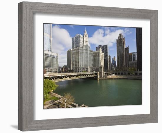 Wrigley Building, Center, North Michigan Avenue and Chicago River, Chicago, Illinois, USA-Amanda Hall-Framed Photographic Print