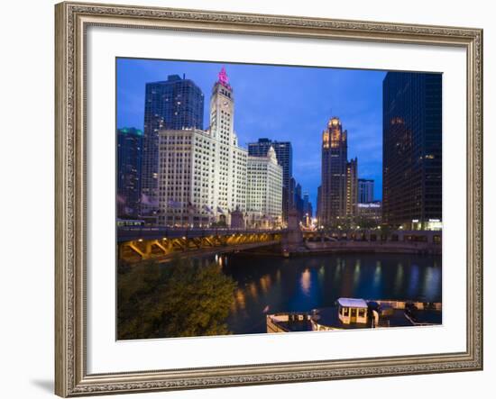 Wrigley Building, North Michigan Avenue, and Chicago River at Dusk, Chicago, Illinois, USA-Amanda Hall-Framed Photographic Print