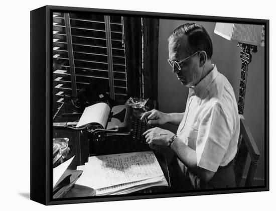 Writer Damon Runyon Working on Script at Desk-Gjon Mili-Framed Premier Image Canvas