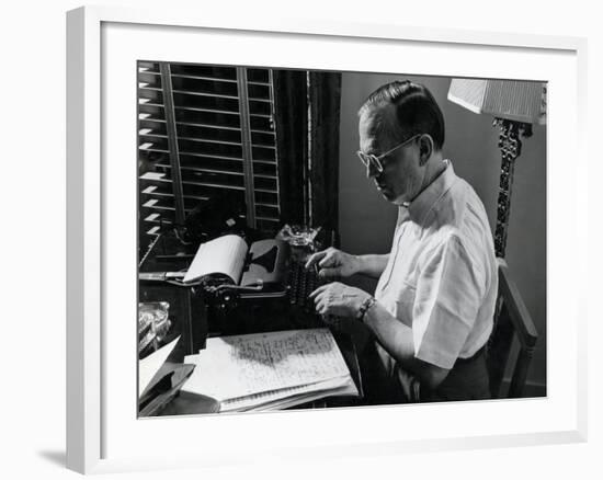 Writer Damon Runyon Working on Script at Desk-Gjon Mili-Framed Premium Photographic Print