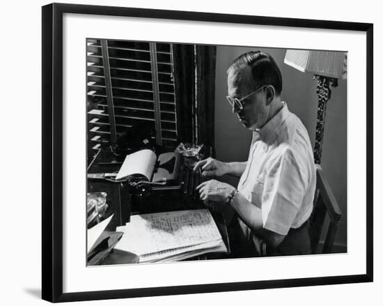 Writer Damon Runyon Working on Script at Desk-Gjon Mili-Framed Premium Photographic Print