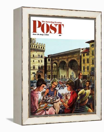"Writing Postcards Home," Saturday Evening Post Cover, June 30, 1962-Constantin Alajalov-Framed Premier Image Canvas