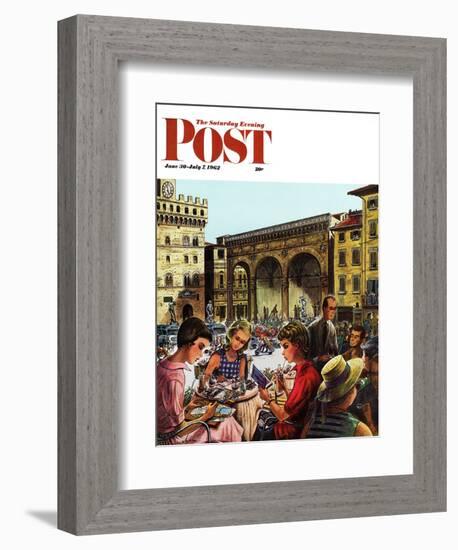 "Writing Postcards Home," Saturday Evening Post Cover, June 30, 1962-Constantin Alajalov-Framed Giclee Print