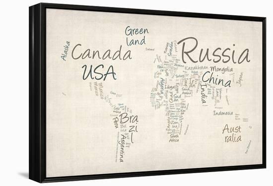 Writing Text Map of the World Map-Michael Tompsett-Framed Stretched Canvas