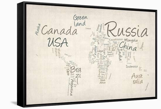 Writing Text Map of the World Map-Michael Tompsett-Framed Stretched Canvas