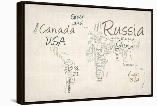 Writing Text Map of the World Map-Michael Tompsett-Framed Stretched Canvas