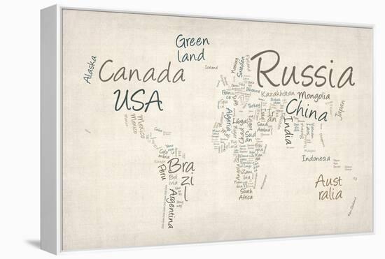 Writing Text Map of the World Map-Michael Tompsett-Framed Stretched Canvas