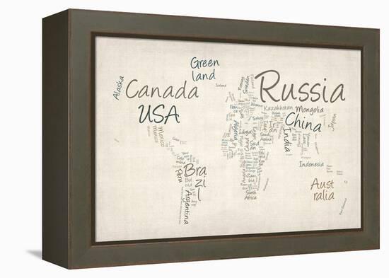 Writing Text Map of the World Map-Michael Tompsett-Framed Stretched Canvas