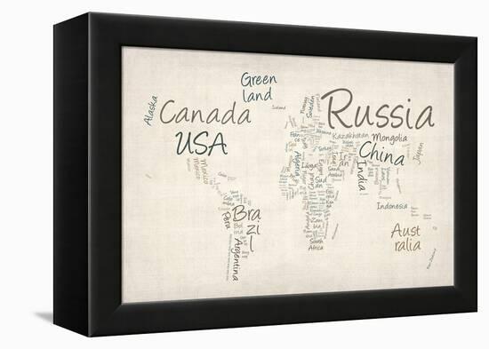 Writing Text Map of the World Map-Michael Tompsett-Framed Stretched Canvas