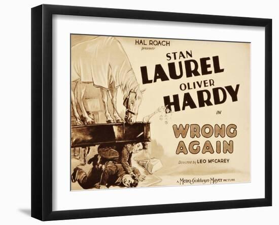 WRONG AGAIN, from top: Stan Laurel, Oliver Hardy on title lobbycard, 1929-null-Framed Art Print