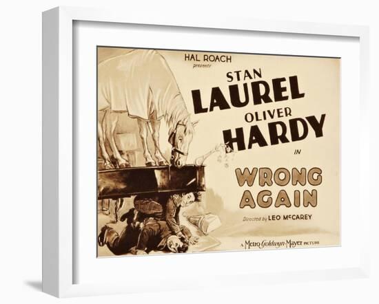 WRONG AGAIN, from top: Stan Laurel, Oliver Hardy on title lobbycard, 1929-null-Framed Art Print