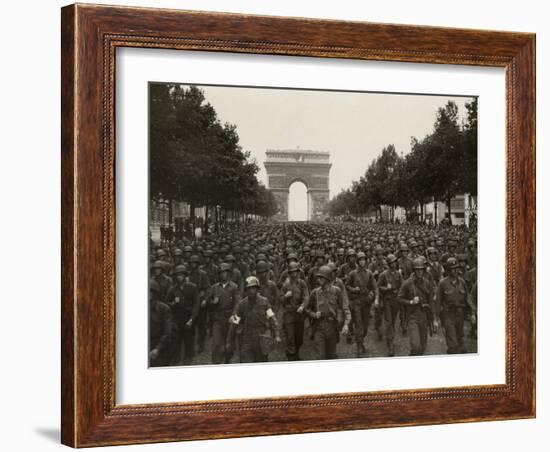 WW2 American Soldiers Marching During the Liberation of Paris, Aug. 26, 1944-null-Framed Photo