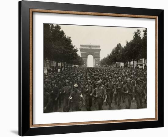 WW2 American Soldiers Marching During the Liberation of Paris, Aug. 26, 1944-null-Framed Photo