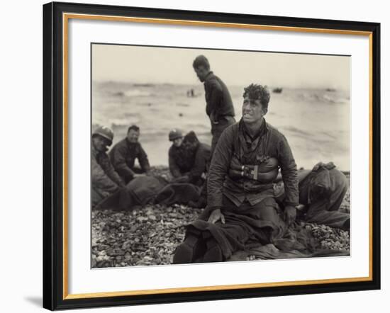 WW2 American Soldiers on Omaha Beach Recovering the Dead after the D-Day, 1944-null-Framed Photo