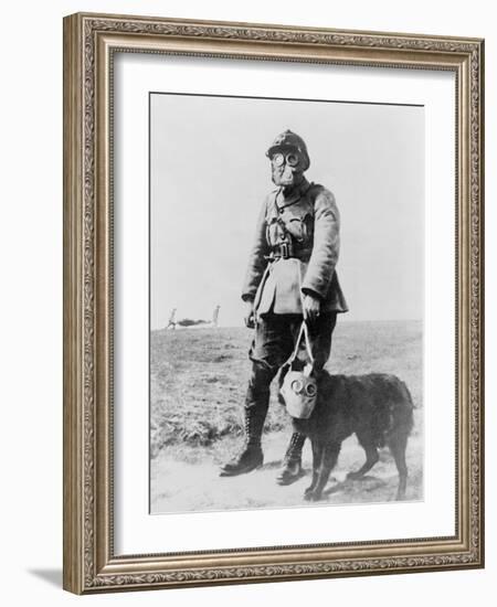 WWI Sergeant and Dog Wearing Gas Masks Photograph-Lantern Press-Framed Art Print