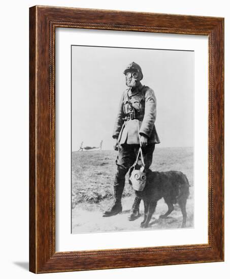 WWI Sergeant and Dog Wearing Gas Masks Photograph-Lantern Press-Framed Art Print