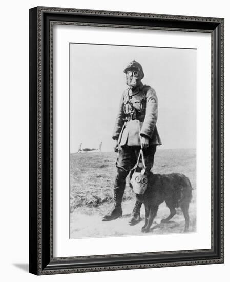 WWI Sergeant and Dog Wearing Gas Masks Photograph-Lantern Press-Framed Art Print