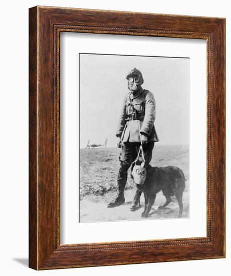 WWI Sergeant and Dog Wearing Gas Masks Photograph-Lantern Press-Framed Premium Giclee Print