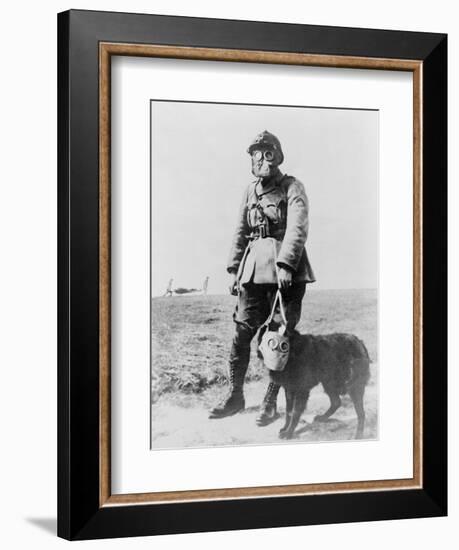 WWI Sergeant and Dog Wearing Gas Masks Photograph-Lantern Press-Framed Premium Giclee Print