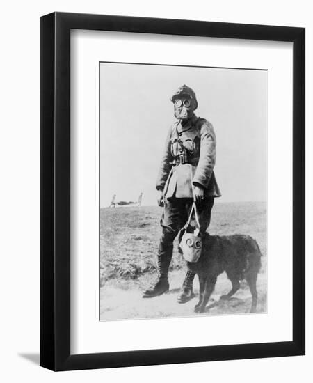 WWI Sergeant and Dog Wearing Gas Masks Photograph-Lantern Press-Framed Premium Giclee Print