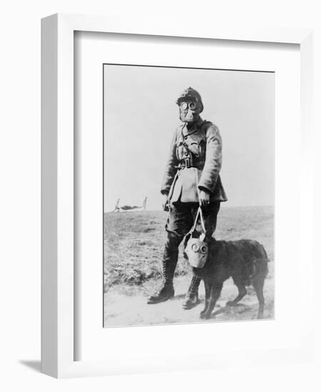 WWI Sergeant and Dog Wearing Gas Masks Photograph-Lantern Press-Framed Premium Giclee Print