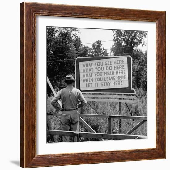 WWII Era Billboard at Oak Ridge Facility Warn Workers to Keep silent of anything seen or Heard here-Ed Clark-Framed Photographic Print