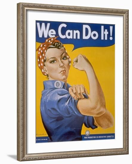 WWII Patriotic "We Can Do It" Poster by J. Howard Miller Featuring Woman Factory Workers-null-Framed Photographic Print