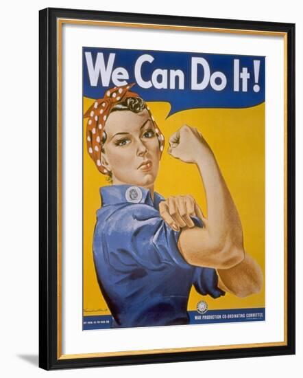 WWII Patriotic "We Can Do It" Poster by J. Howard Miller Featuring Woman Factory Workers-null-Framed Photographic Print