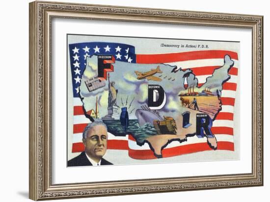 WWII Promotion - Democracy in Action, FDR by US Flag-Lantern Press-Framed Art Print