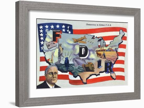 WWII Promotion - Democracy in Action, FDR by US Flag-Lantern Press-Framed Art Print